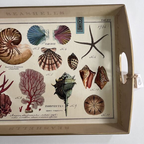 Michel Design Works Wood Decoupage Lacquered Seashell Serving Tray - 14”… - Picture 3 of 12
